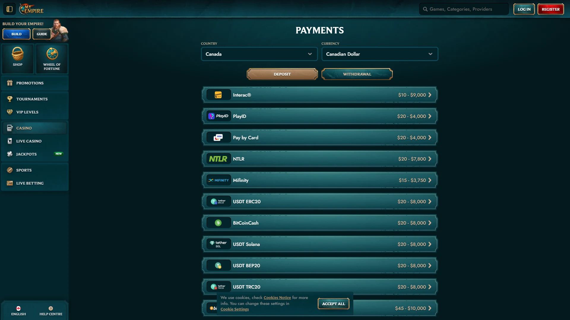 MyEmpire payment methods